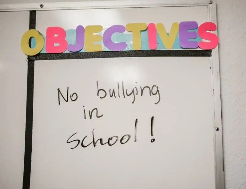 objectives whiteboard with written no bullying in school in black marker