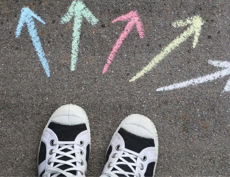 top view of black white sneakers with colorful chalked arrows pointing out on concrete floor
